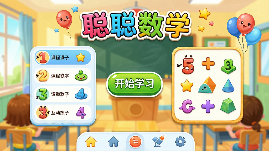 ���壺�ϴ���ѧ���������棬չʾ��ͨ�������ֺͼ���ͼ�Σ�����Ϊ�����Ľ��ҳ��������֣����������С���ʼѧϰ����ť�����Ϊ�γ��б����Ҳ�Ϊ������ϰ�����Ű棺����Բ�ǿ�Ƭʽ��ƣ����⡰�ϴ���ѧ��ʹ�ò�ɫ�����֣��ײ��е���������񣺶�ͯ�������ɫ�����ޣ���ɫ�ɰ�������������ϸ�ڣ����ֺͷ��Ŵ��б��飬��С���Ǻ�����װ�Ρ����ʣ����壬�ɾ����޶���Ԫ�ء�