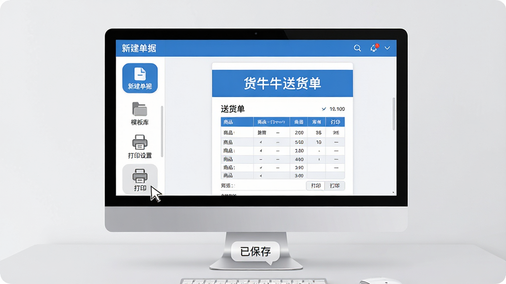 ���壺��ţţ�ͻ�������������չʾ��������Ļ����ʾ�ͻ���ģ��༭ҳ�棬��๤�����������½����ݡ�����ģ��⡱������ӡ���á���ͼ�꣬�Ҳ�Ԥ����չʾһ���������ͻ�����ʽ���������С���ţţ�ͻ�������������Ʒ��ϸ��������Ϊ����������ɫ�����֣���Ļ���У��������У�����Ϊǳ��ɫ���档�Ű棺�����η�����ͼ��Բ��������������񣺱�ƽ����ƣ��ִ���ࡣϸ�ڣ�����ͷָ�򡰴�ӡ����ť����Ļ�·��С��ѱ��桱��ʾ���ݡ����ʣ����壬�ɾ����޶���Ԫ�ء�