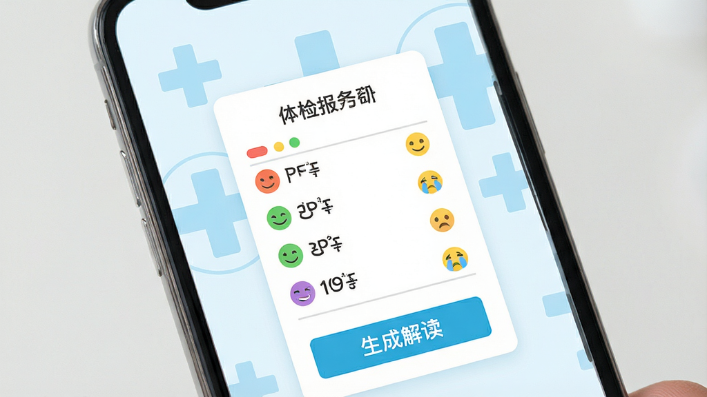 一张智能手机屏幕展示体检报告免费分析软件主界面,界面中央有一份模拟的体检报告单,各项指标旁边有彩色标注和笑脸/哭脸图标,下方有“生成解读”按钮,背景为淡蓝色医疗十字图标,整体风格干净明亮,扁平化设计,高画质,无多余元素