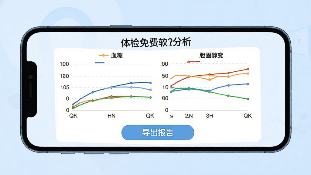 手机横屏展示体检报告免费分析软件的趋势对比图表,屏幕上有两条彩色折线分别表示血糖和胆固醇的变化,下方有“导出报告”按钮,背景简洁,浅蓝色调,画质清晰,无多余元素