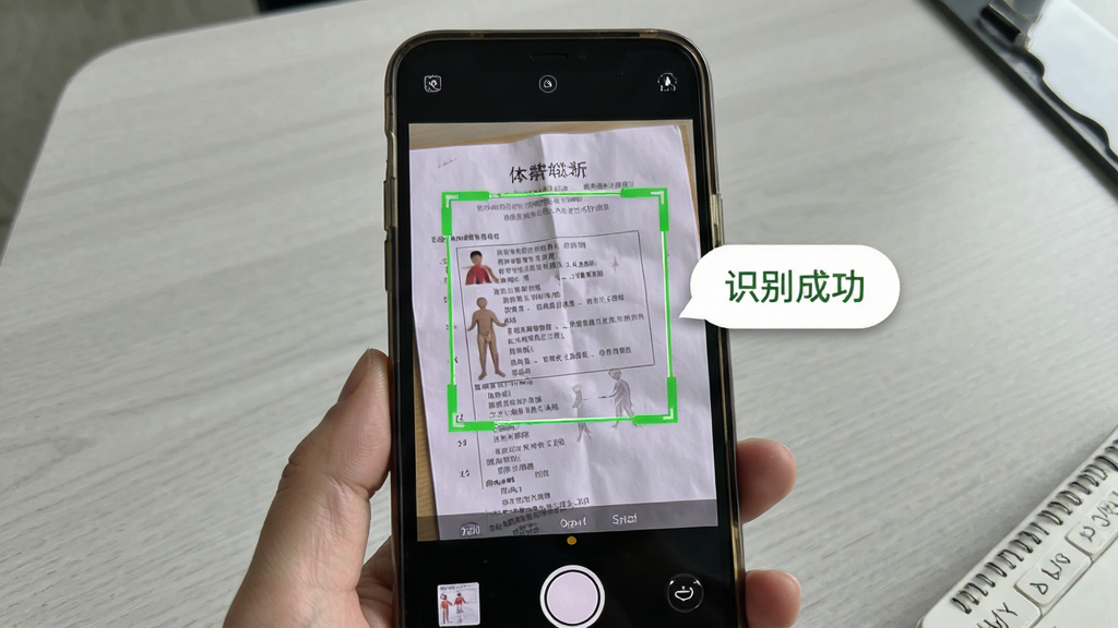 体检报告免费分析软件界面展示拍照识别报告过程,手机摄像头对准一张纸质体检报告,屏幕中绿色框线自动框住文字区域,旁边有“识别成功”提示气泡,背景为浅灰色桌面,整体风格写实,画质清晰,无多余元素