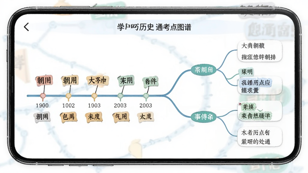 �п���ʷͨ����ͼ�׽��棬����Ϊ�ֻ���Ļ��չʾʱ������˼ά��ͼ��ϵ�֪ʶͼ�ף����ֲ�η�����������¼�࣬ϸ�ڰ���������ע���¼���Ƭ�����������޶���Ԫ��