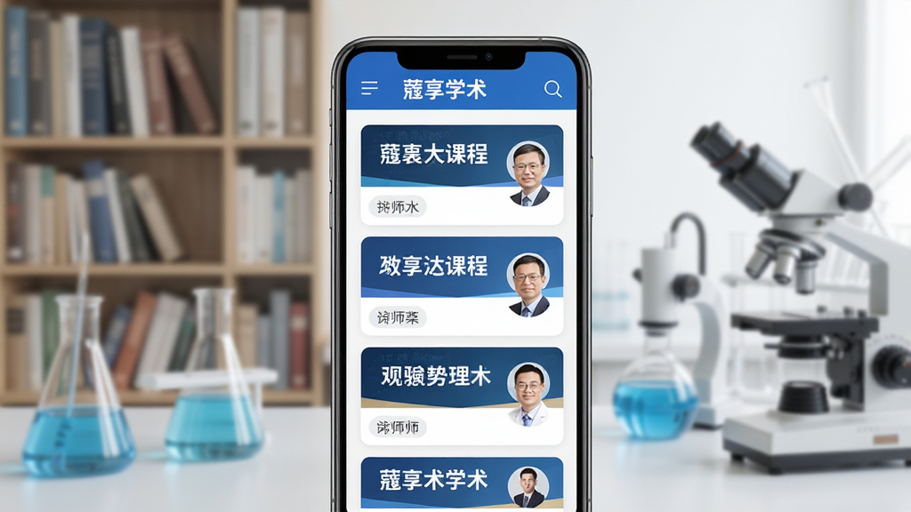 展示蔻享学术App的课程列表页面,屏幕上整齐排列着多个课程卡片,每个卡片上有课程标题和讲师头像,背景有书架和实验室器材的模糊元素,整体风格简洁明亮,突出“蔻享学术”品牌,画质高清,无多余元素