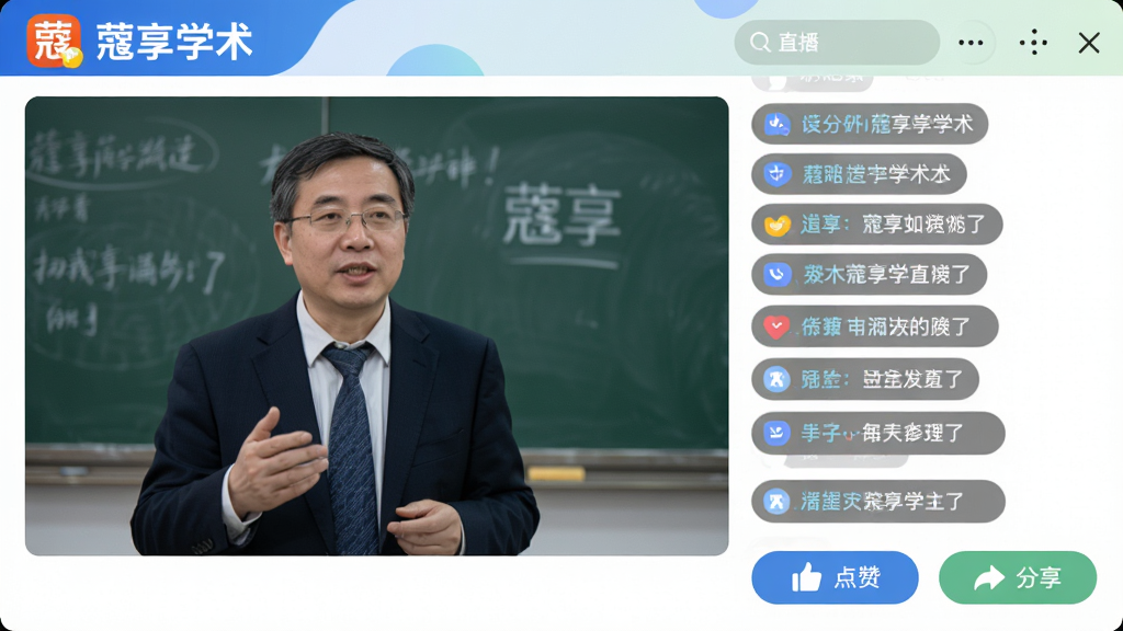 画面展示蔻享学术App的直播界面,左侧是高清视频窗口,一位教授正在授课,右侧是滚动的弹幕与评论区域,底部有点赞和分享按钮,界面简洁,色彩明快,突出“蔻享学术”品牌名称,整体风格专业且具有现代感,画质清晰,无多余元素