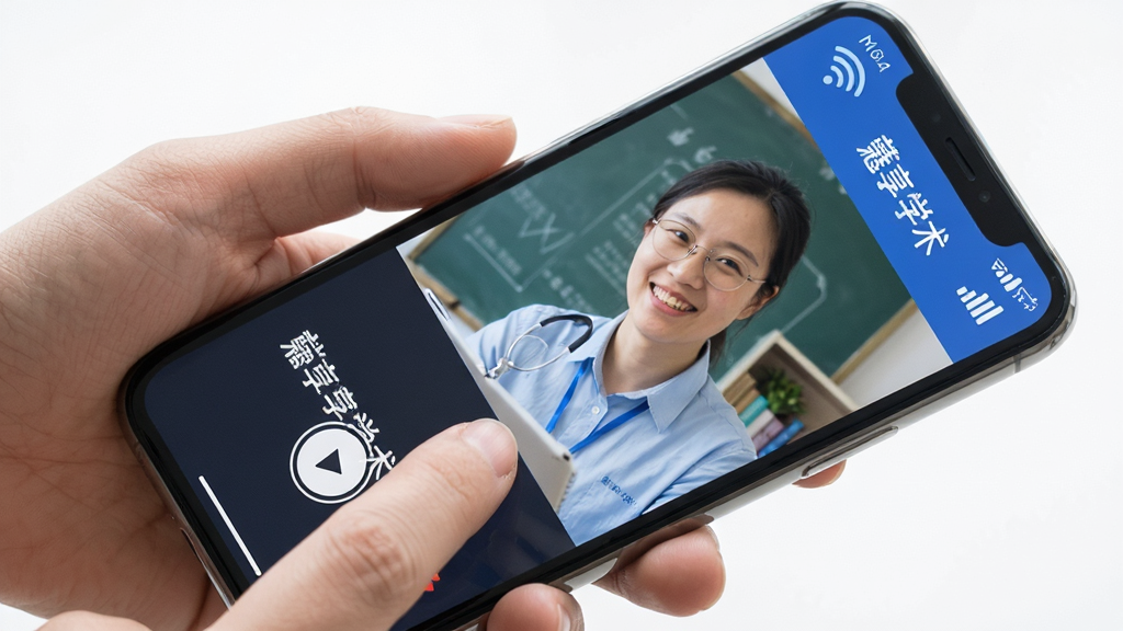 展示用户正在手机上操作蔻享学术App,手指点击播放按钮,屏幕显示直播画面,背景有Wi-Fi图标和信号满格,整体风格明亮,强调“蔻享学术”品牌,画质清晰,干净无多余元素