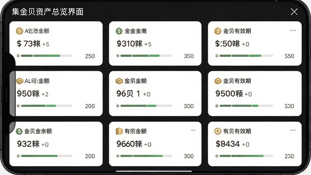 集金贝资产总览界面截图,主体为手机屏幕显示资产列表,布局采用卡片式设计,每张卡片展示不同账户的金贝余额与有效期,排版整齐,风格清爽,细节包含进度条和数字,画质清晰,干净无多余元素