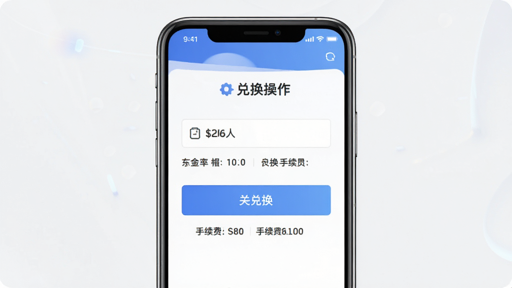 集金贝兑换功能演示图,主体为手机屏幕显示兑换操作页面,布局包含输入框和兑换按钮,风格简约,细节显示汇率和手续费,画质高清,干净无多余元素