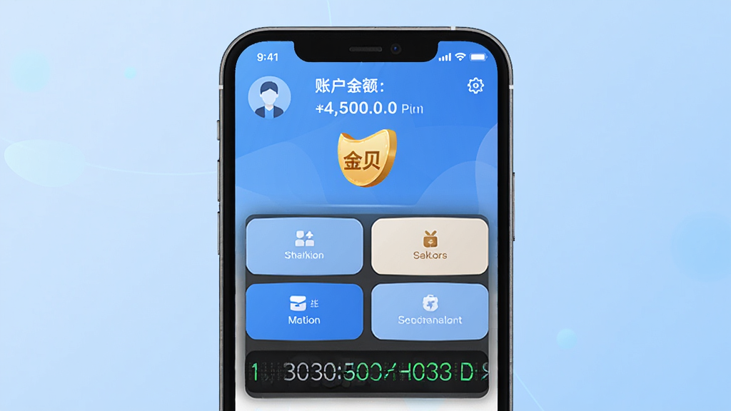集金贝软件主界面预览图,主体为手机屏幕展示应用界面,布局简洁,顶部显示账户余额及金贝图标,下方功能按钮排列整齐,背景采用浅蓝色渐变,风格现代科技感,细节包含数字滚动效果,画质高清,干净无多余元素