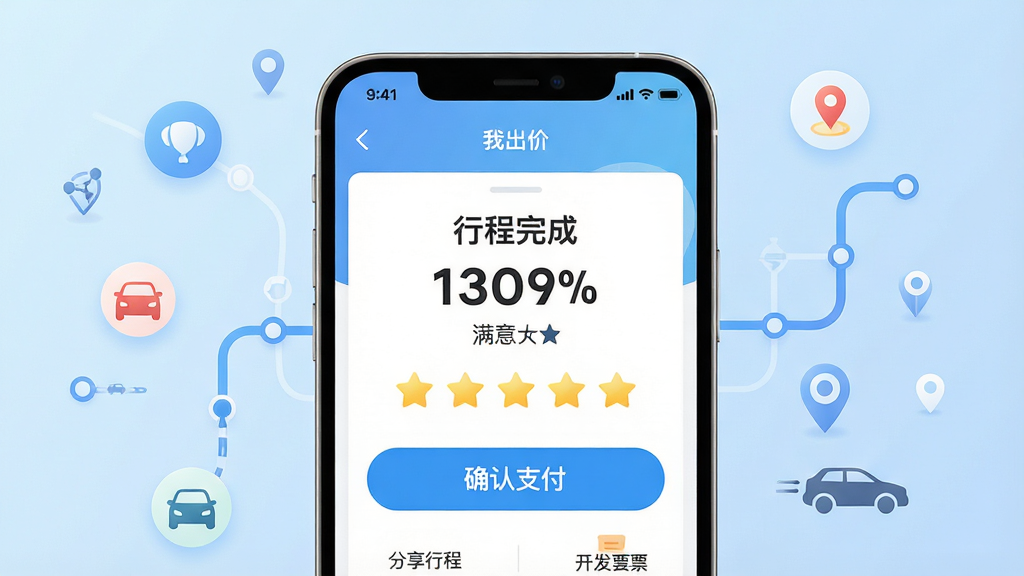 主体:手机屏幕特写,显示“我出价”APP的支付成功页面,上有“行程完成”字样和满意度的五星评价界面。布局:手机居中,背景为柔和的浅蓝色渐变,周围点缀着圆形图标和线路图元素。排版:支付金额和“确认支付”按钮醒目,评价星星图标排列整齐。风格:清爽的UI设计风格,色彩明快,细节精致。细节:屏幕上有“分享行程”和“开发票”的小图标,背景有微小的定位符号和车辆剪影。画质:高清渲染,干净无杂乱元素。