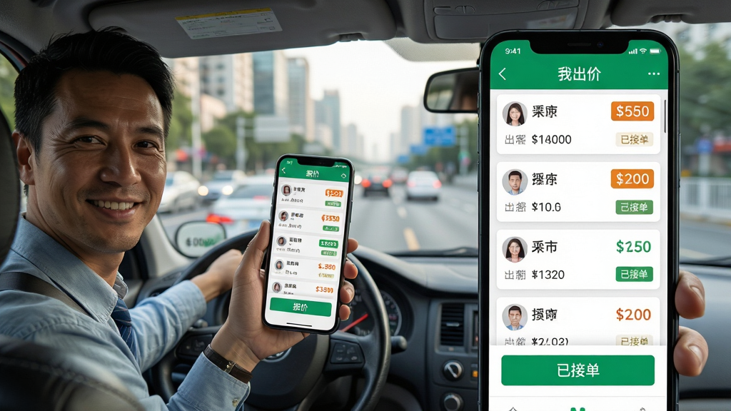 主体:一名司机手持手机,屏幕显示“我出价”司机端接单页面,页面列出多个乘客订单及其出价金额。布局:司机位于画面左侧三分之一处,右侧为手机屏幕放大展示,背景为城市道路风景。排版:订单卡片以列表形式排列,价格标签醒目,色彩区分不同状态。风格:写实摄影风格,自然光线,细节真实。细节:司机面带微笑,手机屏幕上有“报价”按钮和“已接单”标识,背景虚化,突出主体。画质:高清晰度,色彩自然,无多余元素。