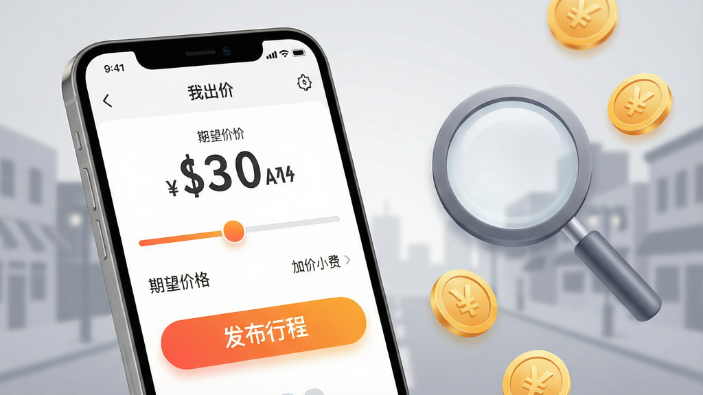 主体:一部智能手机特写,屏幕显示“我出价”APP的定价界面,界面上有可拖动的价格滑块和一个醒目的“发布行程”按钮。布局:手机位于画面左侧,右侧为放大镜图标和散落的金币元素,背景为浅灰色渐变。排版:界面元素排列有序,价格数字以超大字体显示,按钮颜色鲜艳突出。风格:写实与插画结合,光影柔和,色彩通透。细节:屏幕上有“期望价格”、“加价小费”等选项,金币上印有“¥”符号,背景有模糊的街道剪影。画质:4K超清,画面纯净无杂物。