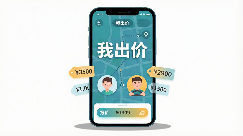 主体:手机屏幕展示“我出价”APP界面,界面中央有“我出价”三个大字的品牌标识,下方是乘客与司机头像交互的卡通插画,两侧分布价格标签元素。布局:居中构图,手机界面为主体,四周留白,下方配以简洁的阴影底座。排版:界面UI清晰,价格数字醒目,整体层次分明,文字使用无衬线字体。风格:扁平化现代插画风,色彩明快,以蓝绿色为主色调,搭配暖黄色点缀,传递出活力与信任感。细节:手机屏幕内包含地图路线虚线、报价按钮、价格对比列表等元素,背景有淡淡的网格纹理,干净整洁。画质:高清渲染,细节丰富,画面干净无多余元素。