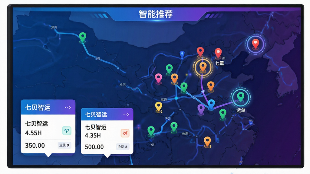 画面主体为一块大型电子地图屏幕,地图上分布着多个彩色货源标记点,其中几个标记点被高亮圆圈框选,旁边浮动显示“七贝智运”的运单卡片。布局采用地图全屏铺底、卡片悬浮于左下角的样式。排版清晰标注“智能推荐”字样,风格科技感十足,蓝紫渐变色调,细节包括路线连线、运费数字,画质干净无多余元素。