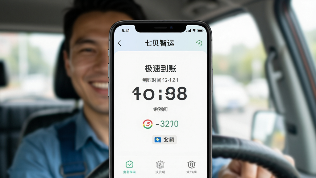 画面主体为一部智能手机屏幕特写,显示七贝智运的提现成功页面,余额数字醒目,背景为虚化的司机笑脸。布局以手机为中心,四周留白。风格简洁明亮,强调“极速到账”字样,细节包括到账时间、银行图标,画质高清干净,无多余元素。