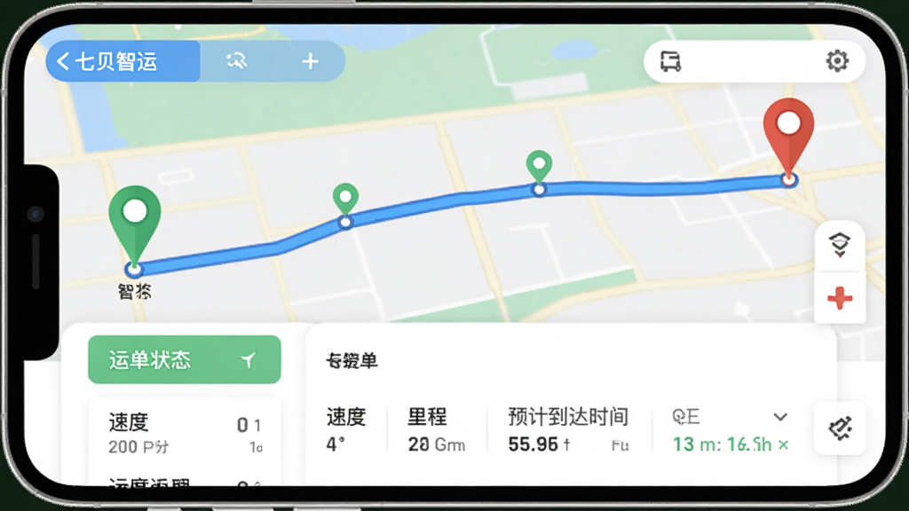 画面主体为手机端七贝智运App的轨迹回放页面,地图上显示一条清晰的蓝色行驶路线,起点和终点分别有绿色和红色图钉标记,中间有数个途经点。布局为典型移动端竖屏界面,上方为地图,下方为运单状态卡片。风格扁平化,细节包括速度、里程、预计到达时间等数据,画质干净无多余元素。