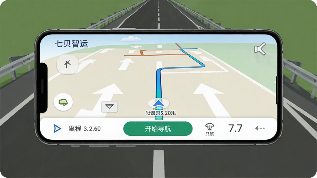画面主体为一部安卓智能手机横屏显示七贝智运App的导航界面,手机下方有“开始导航”按钮。布局为手机居中,背景为模拟的公路场景。风格实用简洁,细节包括路线指引箭头、剩余里程,画质清晰干净,无多余元素。