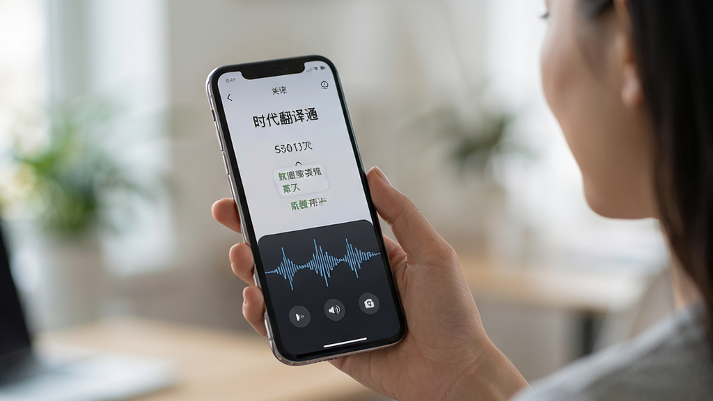 时代翻译通语音翻译功能使用场景图,用户正对着手机说话,屏幕上显示翻译结果和语音波形,背景虚化,突出手机界面,风格写实,画质高清,干净无杂物