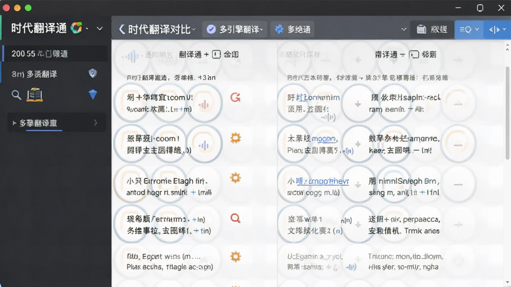 时代翻译通多引擎翻译对比界面截图,显示同一句话在不同引擎下的翻译结果,界面分栏展示,清晰标注各引擎名称,排版整齐,风格简洁专业,画质干净