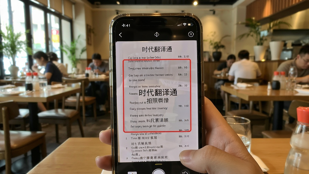 时代翻译通拍照翻译功能演示,手机屏幕对准一张英文菜单,屏幕上实时显示中文翻译结果,界面有红色边框标注识别区域,背景为餐厅环境,风格自然,画质清晰