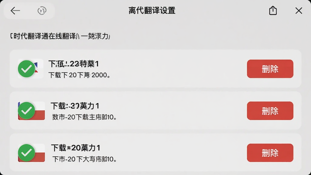 时代翻译通离线翻译设置界面,显示已下载的语言包列表,每个语言包后面有下载大小和删除按钮,界面简洁,有绿色对勾标识,风格清爽,画质干净