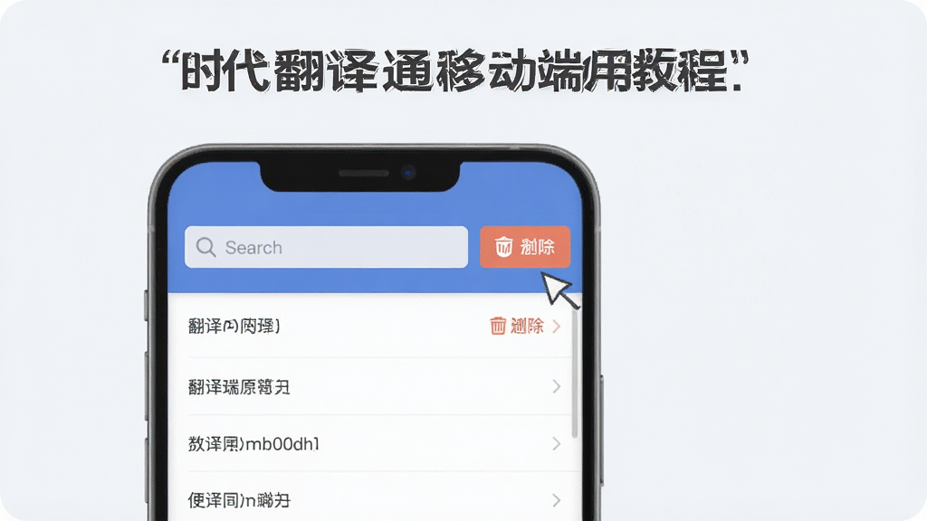 时代翻译通移动端使用教程插图,手机屏幕显示翻译历史列表,有搜索框和删除按钮,背景简洁,画质清晰,风格扁平化