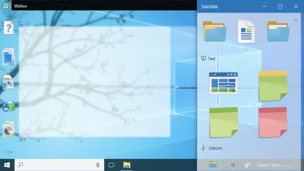 һ��չʾSideSlide������Windows����������������ʾ��ͼ������Ϊ��Ļ�Ҳ��͸���Ĳ������������������ļ��С��ĵ�����ҳͼ��Ͳ�ɫ��ǩ���������롣�������ƽ����ƣ���ɫ��ˬ��������Ϊ��������ɾ��޶���Ԫ�أ�����������ͻ�������ĸ�Ч���࣬ͼƬ�в������κ����֡�