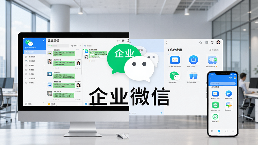 ��ҵ΢�����Ӿ�ͼ��չʾ���������ڵ�����Ļ���ֻ��ϵ�Ч��������Ϊ�ִ�����칫����������ͻ����ҵ΢��LOGO�͡���ҵ΢�š����֣�����Ϊ���ҷ�����������ʾ�����б���������ʾ����̨Ӧ��ͼ�꣬����ƽ����ɫ������ɫ�Ͱ�ɫΪ����ϸ�ڰ���������Ӧ��ͼ��ͽ���Ԫ�أ����ʸ��壬�ɾ����޶���Ԫ��