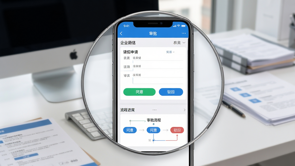 ��ҵ΢���������ܽ��棬չʾ�������������������̽ڵ�ͼ������Ϊ�칫���棬�е��Ժ��ĵ����������ֻ���Ļ�Ŵ�ͼ����ʾ��������Ӧ�ã�����Ϊ���½ṹ����Ϊ��������Ϊ���̽��ȣ���������Լ��ɫ������ɫ�ͻ�ɫΪ����ϸ���С�ͬ�⡱�����ء���ť�����ʸ��壬�ɾ����޶���Ԫ��