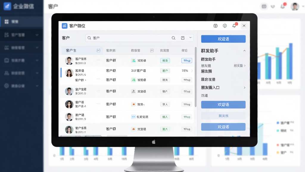 ��ҵ΢�ſͻ�������̨���棬չʾ�ͻ��б��ͱ�ǩ���飬����Ⱥ�����ֺ�����Ȧ��ڣ�����Ϊ���ݷ���ͼ��������Ϊ������Ļ��ͼ������Ϊ���ͻ��б����Ҳ�������壬����ִ���ɫ��������Ϊ����ϸ���С��ͻ�Ⱥ������ӭ����ܰ�ť�������������ɾ����޶���Ԫ��