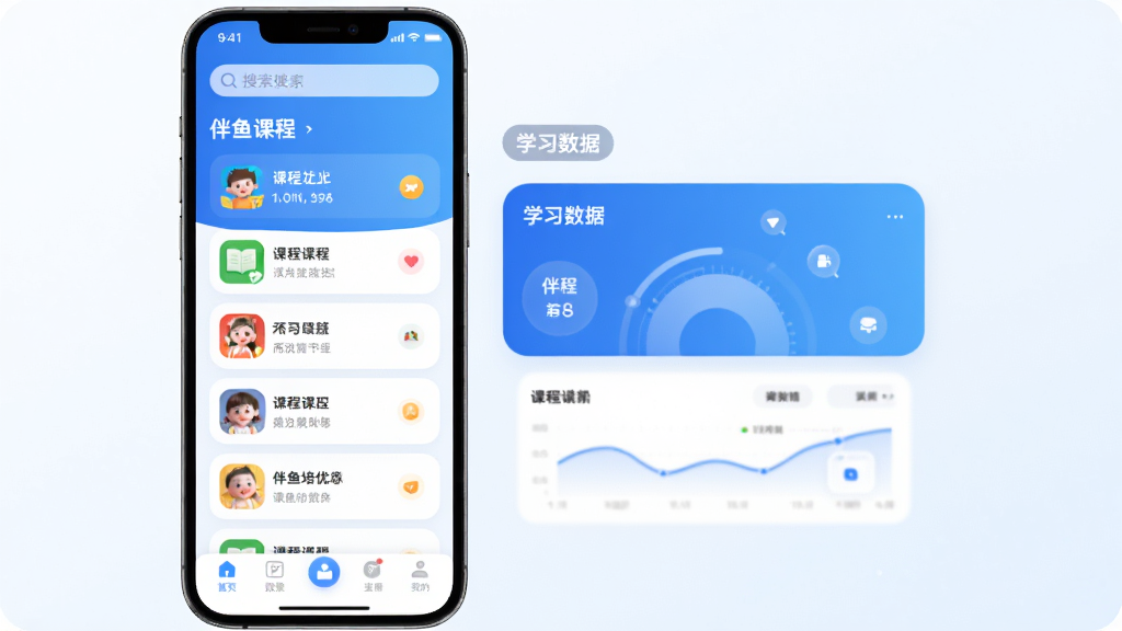��������APP������չʾ�����Ϊ�γ��б����Ҳ�Ϊѧϰ���ݿ��壬����������׽�����ɫ����Բ�ǿ�Ƭ���֣��������������ײ����������ִ������Ƽ���񣬸�����Ⱦ���ɾ��޶���Ԫ��