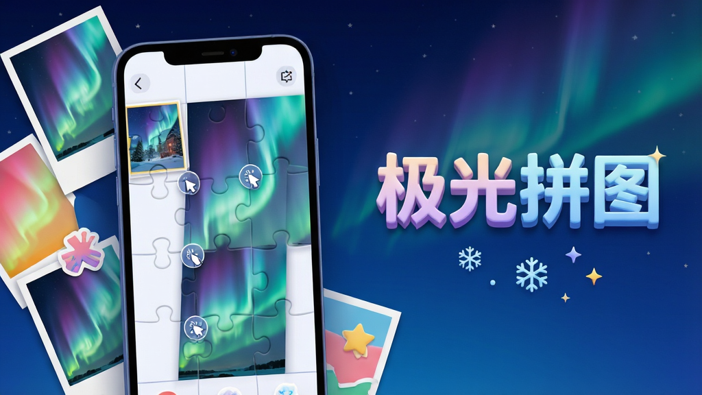 ���壺һ�������ֻ���Ļչʾ����ƴͼӦ�ý��棬��Ļ����ʾ������Ƭ���ڱ�ƴ�ϳ�һ�����м��ⱳ���Ĵ��ⳤͼ���ֻ���ɢ���ż��Ų�ɫ��Ƭ����ֽԪ�ء����֣��ֻ�����ƫ���Ҳ����״����á�����ƴͼ���ĸ����������������֣��·���׺Сѩ�����ǹ⡣�Ű棺�ֻ���Ļ����ռ��Ҫ�Ӿ�����������װ��Ԫ�طֲ����⣬����Ϊ����ɫ����ҹ�ա�����ִ���ƽ�����΢3D�ʸУ�ɫ�������ϼ���ɫϵΪ��������ͨ͸��ϸ�ڣ���Ļ�е�ƴͼ�����������������ߺ���קͼ�꣬��Ƭ��Ե�������Ӱ������������ǿ�����ʣ�8K������Ⱦ��ϸ�ڷḻ���ɾ��޶���Ԫ�ء�