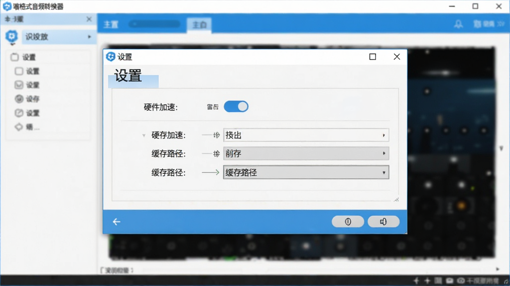 嗨格式音频转换器设置界面截图,主体为设置窗口,展示硬件加速开关与缓存路径选择,背景为软件主界面,布局规整,风格简洁,蓝白配色,文字标注“设置”,画质清晰,无多余元素