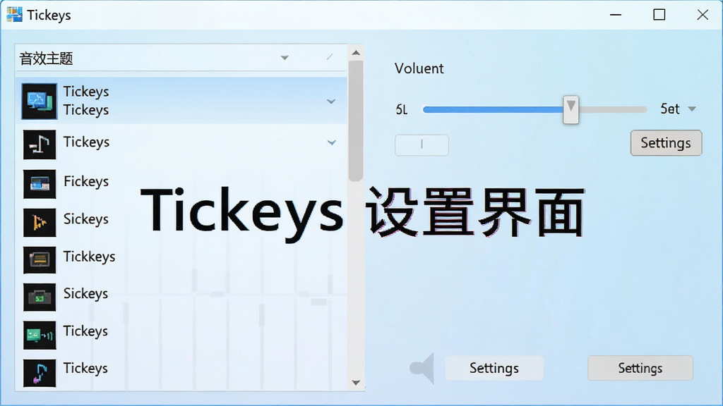 һ�ŵ�����Ļ��ͼ����ͼƬ����������ʾTickeys���������棬���Ϊ��Ч�����б����Ҳ�Ϊ������������ð�ť����������ˬ������Ϊǳ��ɫ���䣬ͼƬ����ʾ���֡�Tickeys ���ý��桱�������������ɾ��޶���Ԫ�ء�