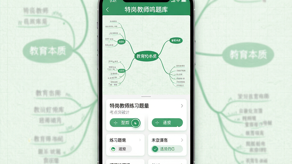 主体:“特岗教师鸣题库”考点突破功能页面。布局:手机竖屏界面,上方是知识点的思维导图,下方是配套的练习题卡片。排版:思维导图以“教育的本质”为中心展开,练习题卡片显示题目和四个选项。风格:学习型应用风格,绿色和白色搭配。细节:思维导图线条流畅,卡片选项点击后有变色效果,背景为淡绿色网格纸纹理。画质:清晰,质感细腻,干净,无多余元素。