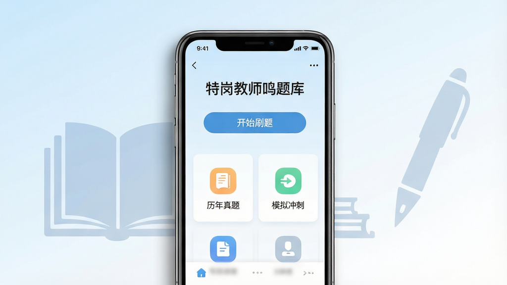 主体:“特岗教师鸣题库”应用界面展示,手机屏幕占据画面中心。布局:手机竖屏居中,背景为柔和的浅蓝到白色渐变,手机屏幕内显示题库列表和答题界面。排版:屏幕内清晰展示“特岗教师鸣题库”字样和“开始刷题”按钮,下方有“历年真题”、“模拟冲刺”等模块图标。风格:现代扁平化设计风格,色彩清新明快。细节:手机边框带有细微阴影,屏幕内容清晰锐利,背景中有书本和笔的剪影元素。画质:4K高清,渲染细腻,干净,无多余元素。