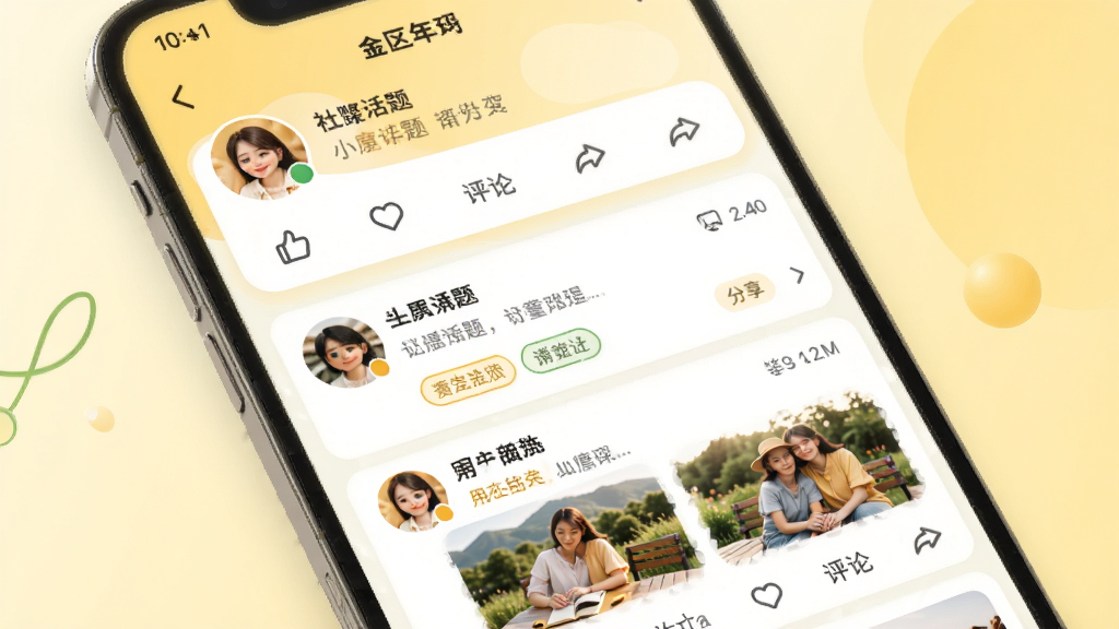 ��ɫ�껪APP�������������棬չʾ�û�������ͼ�Ķ�̬�б����е��ޡ����ۡ�������ť����������ã�����ͷ��ͻ����ǩ������Ϊǳ��ɫ��ͽ��䣬���岼���������£��Ű����������������Ȼ��ϸ�ڷḻ�����ʸ��壬�ɾ��޶���Ԫ��