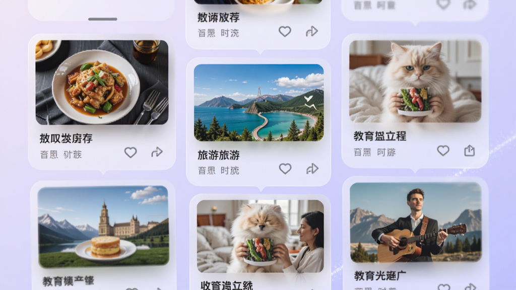 ��ɫ�껪APP�ĸ��Ի��Ƽ����棬�ٲ���չʾͼ�Ŀ�Ƭ����Ƭ������ʳ�����Ρ����������������ͼ���������ë����Ч��������Ϊ����ɫ���䣬���岼�����Ű����ۣ����ʱ�У�ϸ�ھ��£����ʸ��壬�ɾ��޶���Ԫ��