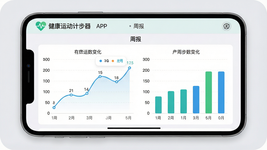 ���壺�����˶��Ʋ���APP�Ľ������ݱ���ҳ���ͼ����������ͼ����״ͼ�����֣���ͼ���У���������͵�ǳ��ɫ�߿�װ�Ρ��Ű棺���������������������ע��ȷ����񣺼�Լ����磬���ݿ��ӻ���ơ�ϸ�ڣ�ͼ��չʾһ�ܵĲ����仯�������С������˶��Ʋ�������Logo�͡��ܱ������������ʣ����壬�ɾ����޶���Ԫ�ء�