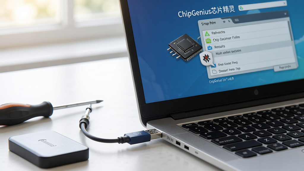 ChipGeniusоƬ����ʹ�ó���ͼ���ʼǱ����Բ���U�̣���Ļ����ʾоƬ��������������������˿�����ƶ�Ӳ�̣����дʵ�����������������������޶���Ԫ��