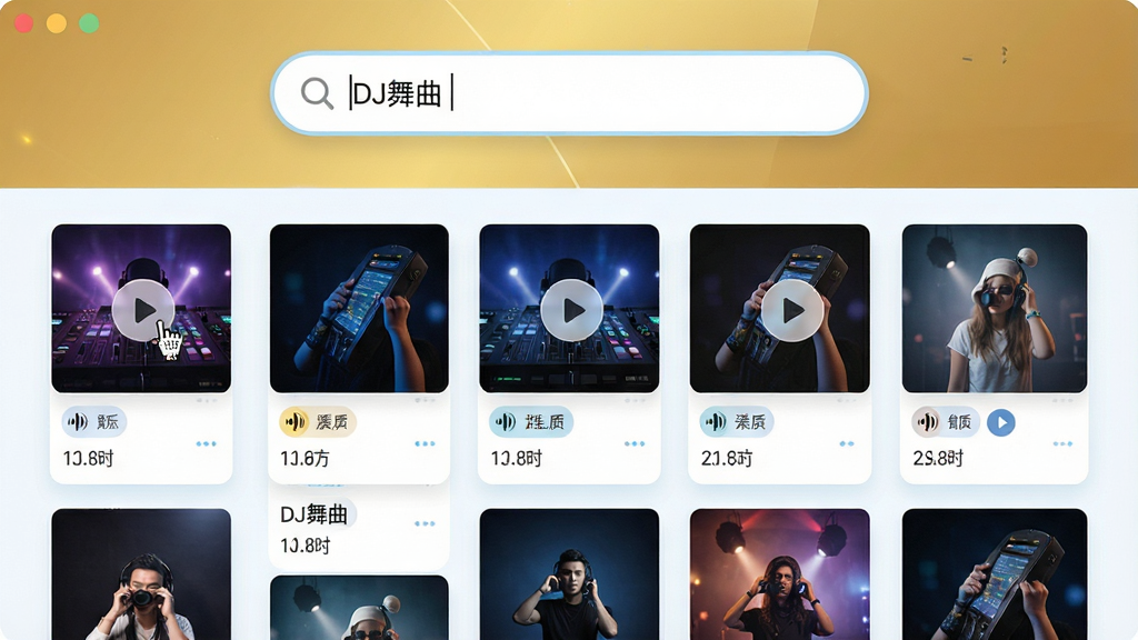 ͼƬ����Ϊˮ��DJ�����ֲ��������������棬����������һ��Բ�Ǿ��ε������������ˡ�DJ���������֣��·����ٲ�����ʽչʾ�˴��з���ͼ�ĸ�����������ּ�࣬���������ڶ����ƽ�ָ��ߴ����Ű��������״��Ƭʽ���֣������ˬ�������԰�ɫ��ǳ��ɫΪ����ϸ���ϣ�ÿ�Ÿ�����Ƭ���������ʱ�ʶ��ʱ����Ϣ�������ͣλ���а�͸���Ĳ��Ű�ť�����ʸ��壬�ɾ��޶���Ԫ�ء�