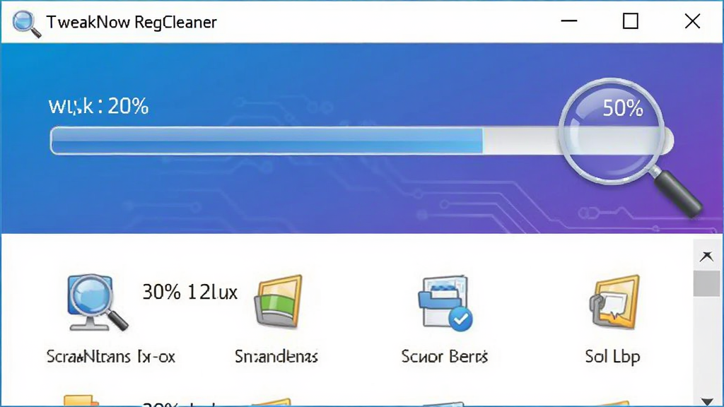 画面主体为TweakNow RegCleaner正在扫描注册表的动态界面,进度条显示百分比,下方列出扫描到的错误项分类图标,布局为上下结构,风格科技感十足,蓝紫色渐变背景,细节处有放大镜图标,画质清晰干净,无多余元素