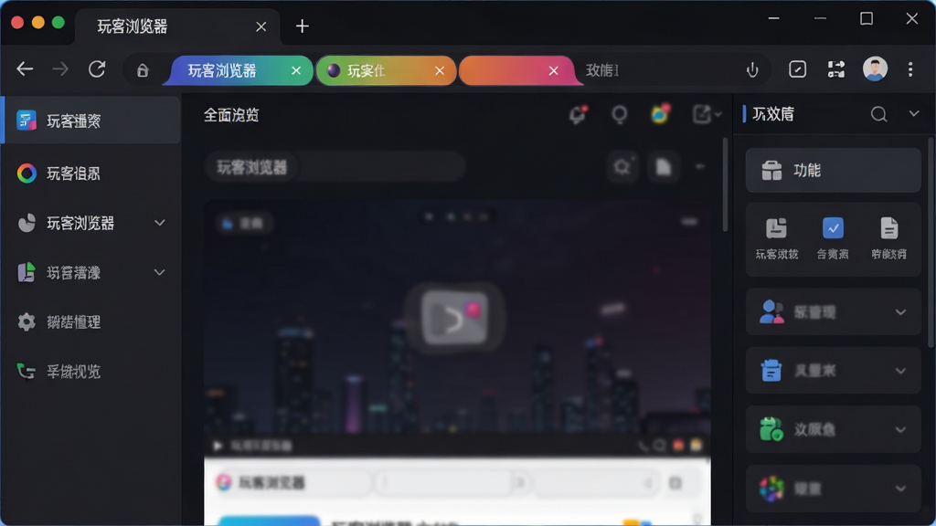 主体:玩客浏览器软件主界面,布局:左侧为标签栏与导航栏,中间为网页内容展示区,右侧为功能插件栏,整体采用深色主题,排版:界面元素整齐有序,功能图标清晰,风格:现代科技感,扁平化设计,细节:浏览器地址栏显示“玩客浏览器”字样,标签页呈现多彩渐变,画质:高清,干净,无多余元素