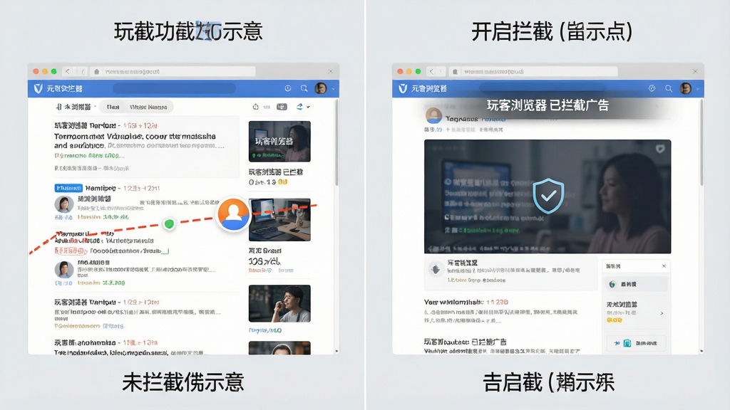 主体:玩客浏览器广告拦截功能示意,布局:左侧为未拦截的广告页面,右侧为开启拦截后的清爽页面,排版:上下对比,风格:清新简约,细节:右侧页面顶部显示“玩客浏览器 已拦截广告”提示,背景为浅灰色,画质:高清,干净,无多余元素