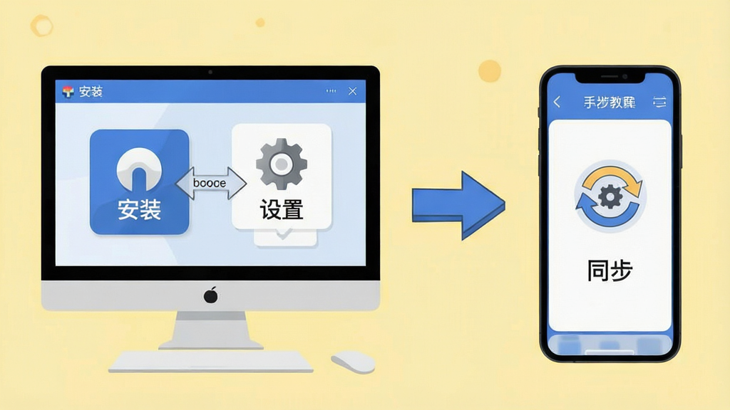 主体:玩客浏览器使用教程步骤图,布局:左侧为电脑端界面,右侧为手机端界面,中间用箭头连接,排版:流程式,风格:扁平化插画,细节:界面中标注“安装”“设置”“同步”等文字,背景为淡黄色,画质:高清,干净,无多余元素