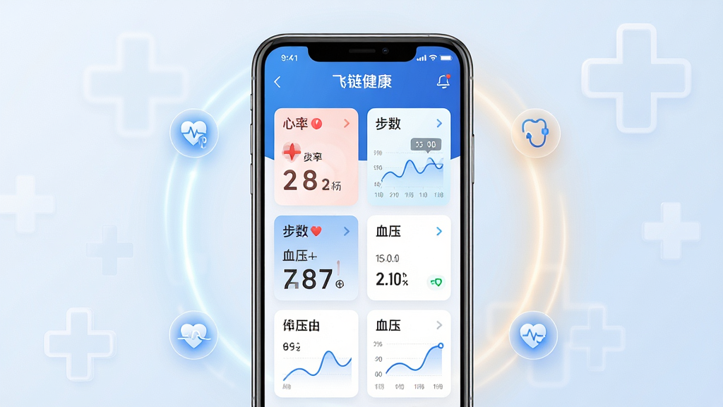 ���壺��������App������չʾ���ֻ���Ļ����ʾ�������ݿ��壬�������ʡ�������Ѫѹ�ȿ�Ƭ�����֣��ֻ����У���Ļ���������ɼ�����Χ����͵Ĺ�Ч�ͽ���Ԫ��ͼ�ꡣ�Ű棺����ִ������ݿ�Ƭ�������С���񣺿Ƽ�������ܰ��ϣ�ɫ������ɫ�Ͱ�ɫΪ����ϸ�ڣ���Ļ����ʾ����������������������ͼ�������������е�����ҽ��ʮ�ֱ�־�����ʣ�������Ⱦ���ɾ��޶���Ԫ�ء�