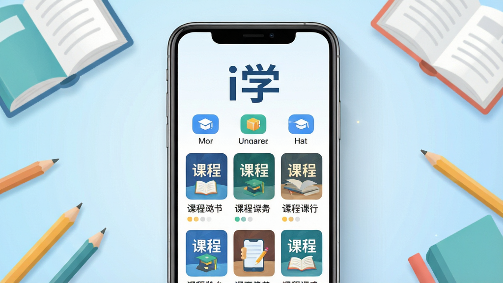 主体:一部智能手机屏幕显示i学应用主界面,界面上方有“i学”字样,下方排列着课程封面缩略图。布局:手机居中,背景为淡蓝色渐变,周围有书本、铅笔等学习元素点缀。排版:界面布局清晰,图标整齐排列,文字标签可辨。风格:扁平化设计,色彩明快,科技感与教育感融合。细节:屏幕内容高亮显示,光线柔和,阴影自然。画质:高清渲染,干净,无多余元素。