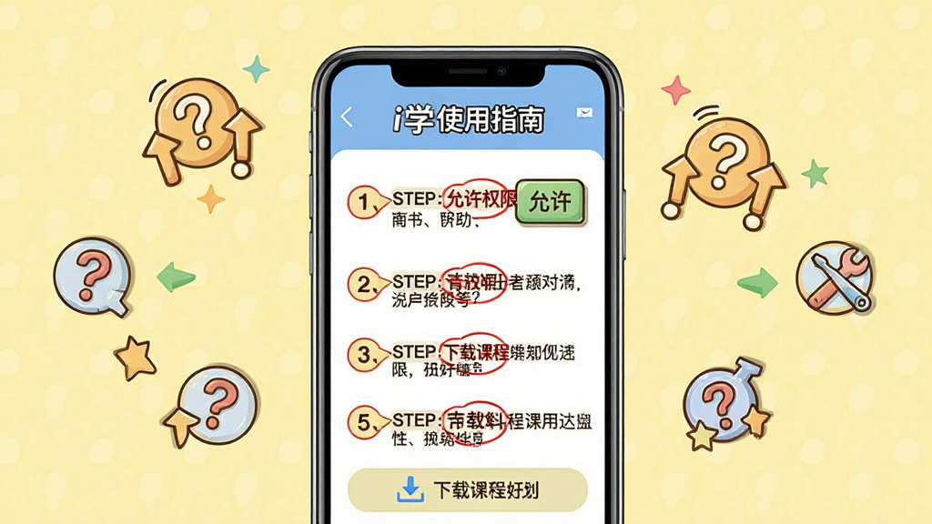 主体:手机屏幕显示i学应用使用指南页面,有步骤指示箭头和文字说明。布局:手机居中,背景为淡黄色,周围有问号图标和工具图标。排版:步骤以编号列表形式呈现,关键文字用红色圈出。风格:教学风格,卡通点缀。细节:屏幕上有“允许权限”“下载课程”等提示。画质:高清,干净,无多余元素。
