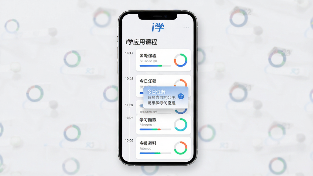 主体:i学应用课程管理界面,展示一周课程表与学习进度条。布局:手机竖屏居中,背景为浅灰色,顶部有“i学”标志,下方是课程列表。排版:课程卡片以时间轴排列,进度条以彩色圆环显示。风格:简约商务风,蓝白主色调。细节:有“今日任务”弹窗提醒,图标精致。画质:高清渲染,干净,无多余元素。