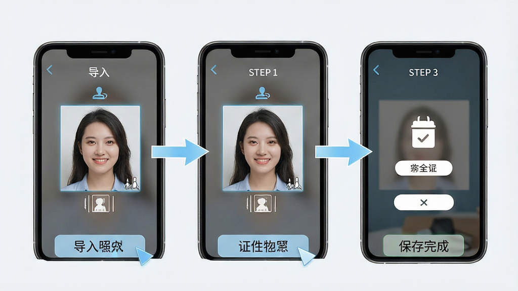 证件照快制作软件操作步骤示意图,手机屏幕展示从导入照片到保存完成的各个步骤,每一步骤有高亮提示,背景为浅色,画质清晰,无多余元素