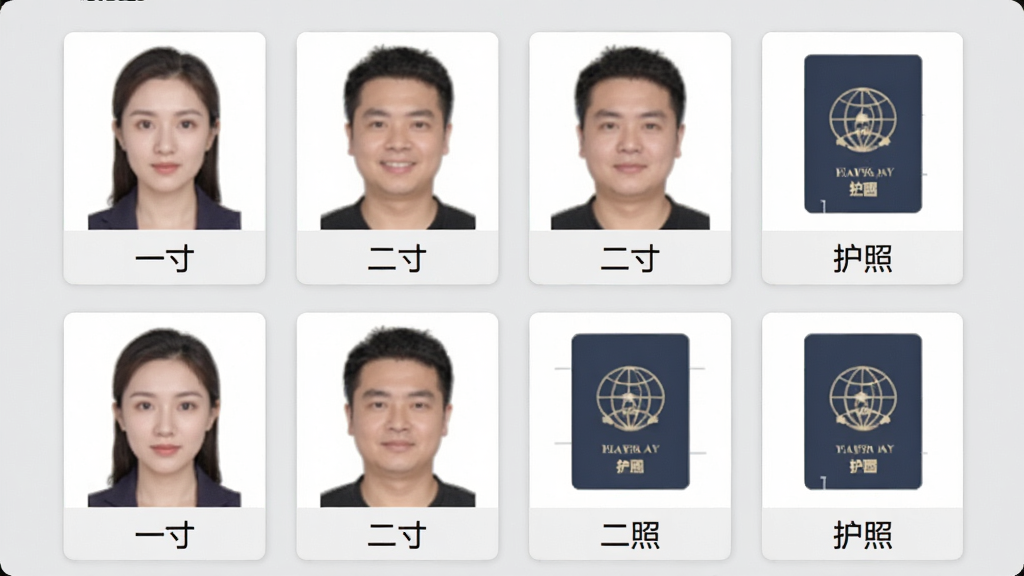证件照快制作软件规格模板选择页面,以网格形式展示多种尺寸模板,每个模板图标下方标注尺寸名称,如“一寸”、“二寸”、“护照”,背景为浅灰色,布局整齐,界面简洁,画质清晰,无多余元素